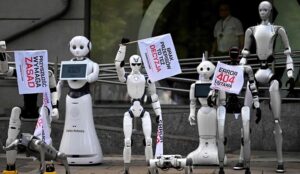 Robôs protestam contra inteligência artificial na Europa