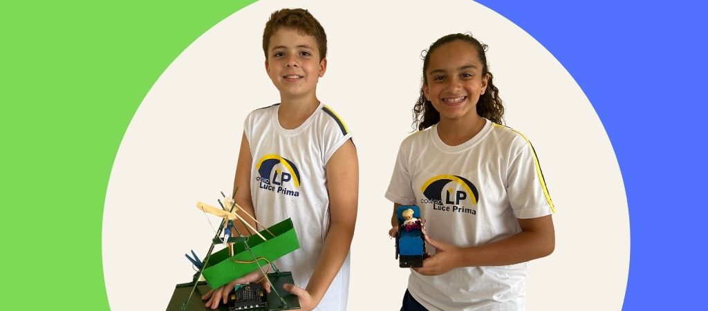 Laura e Lucas se destacam em apresentação do Micro-bit com projeto que resolve a ODS 11.