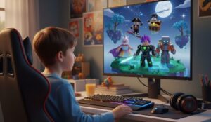 Criança jogando Roblox no computador do quarto