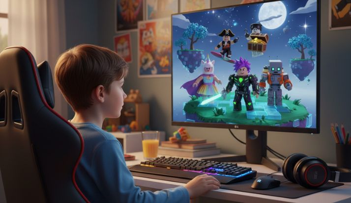 Criança jogando Roblox no computador do quarto